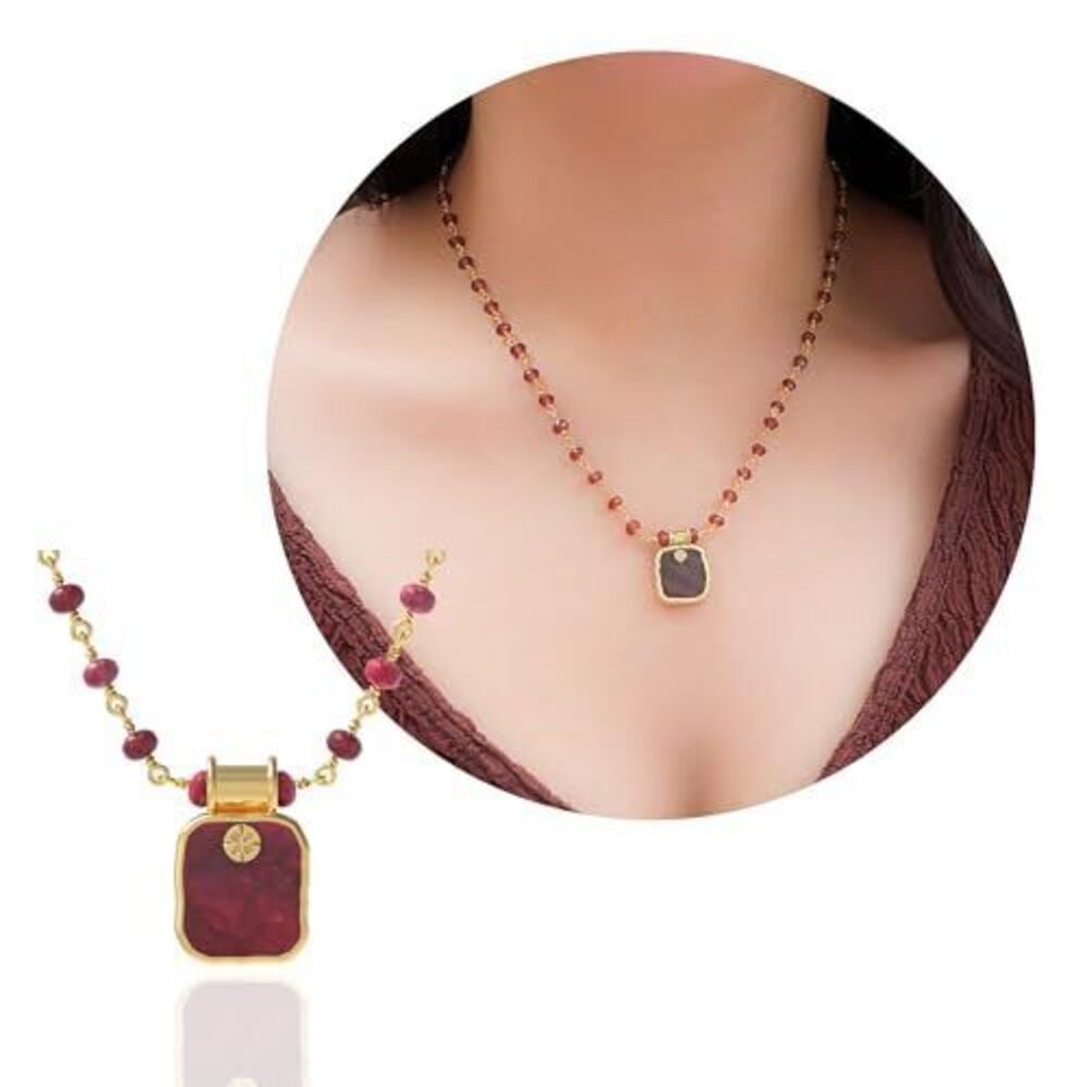 6952 Garnet Necklace , Square Premium Gold Beaded Necklaces - Tarnish Free